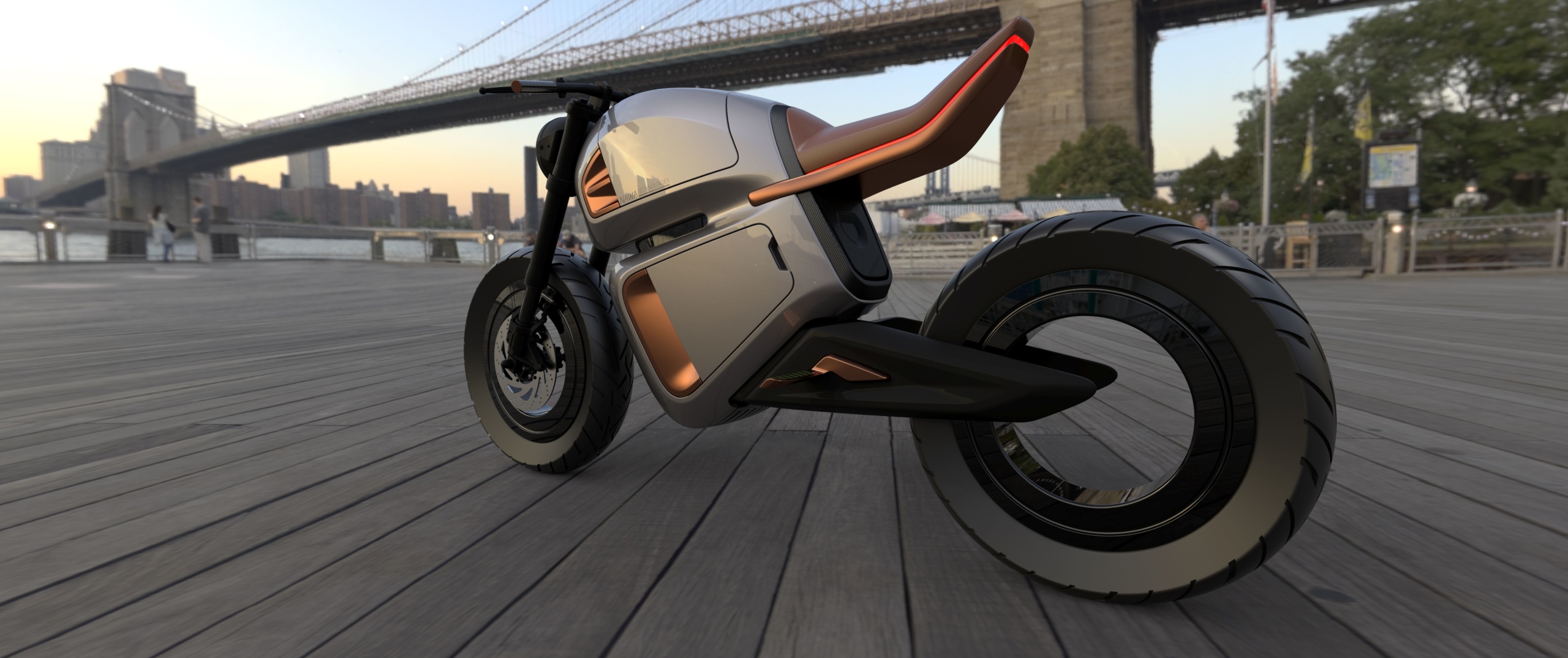 The NAWA Racer Ultracapacitor E-Bike near a bridge